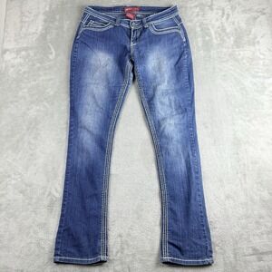 Red Rivet Jeans Women 9 Blue Denim Low Rise Thick Stitch Embroidered Bootcut Y2K
